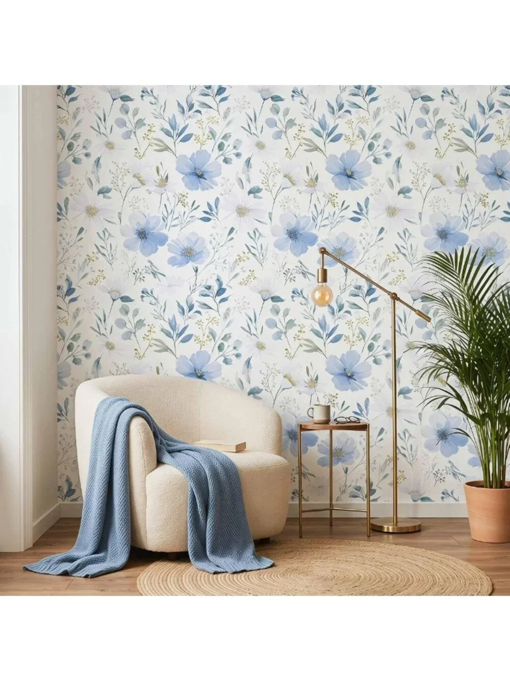 Light Blue Floral Peel and Stick Wallpaper | Self-Adhesive Removable Watercolor